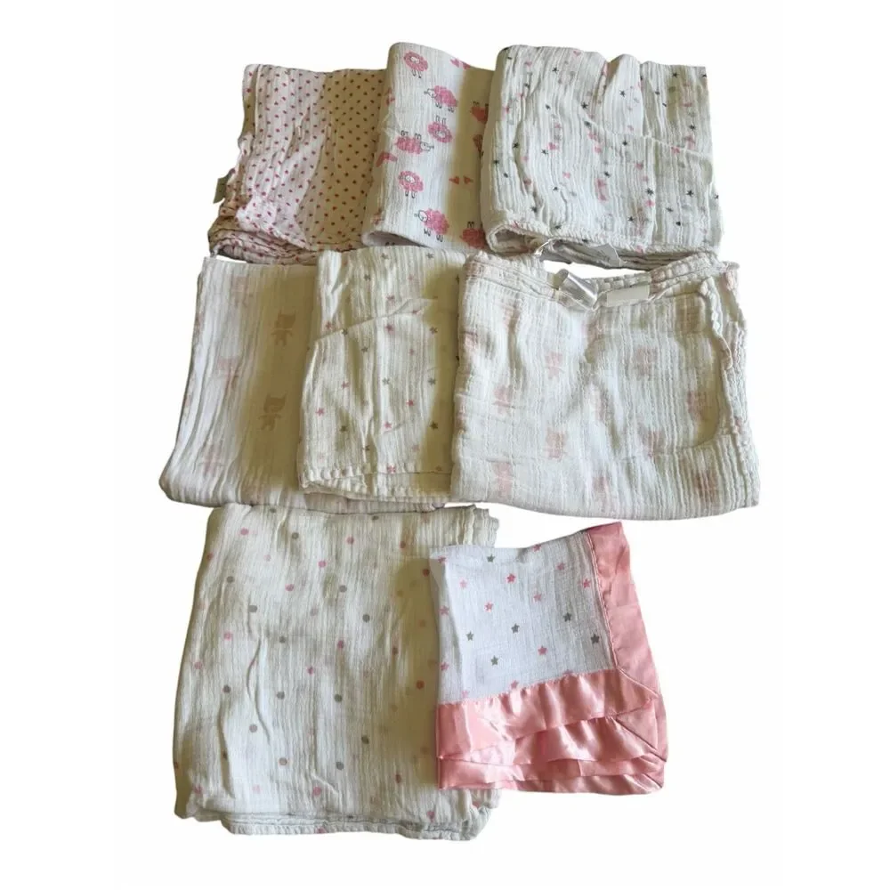 Aden & Anais 7 Blanket Swaddles and a small baby cuddle Pink White
